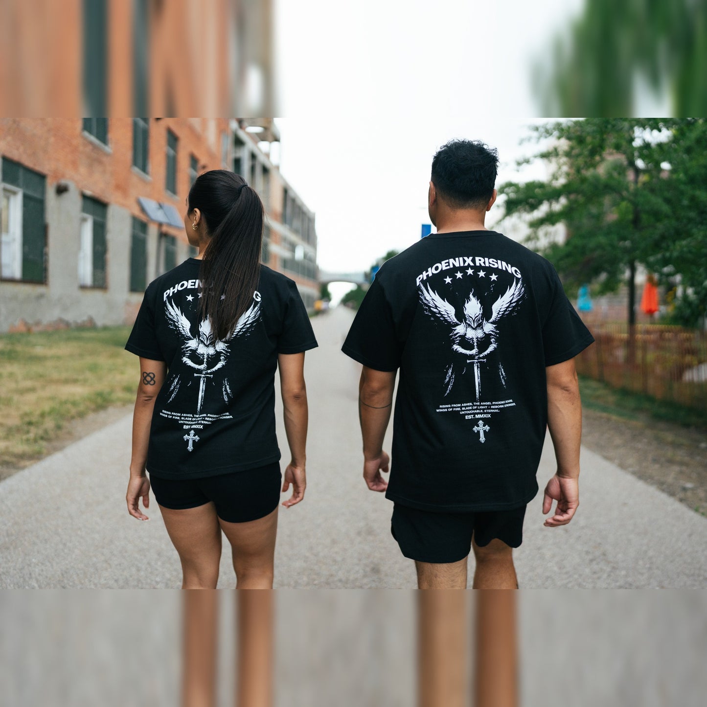 Phoenix Rising Premium T-Shirt in Phantom Black, lifestyle photo, matching set, back