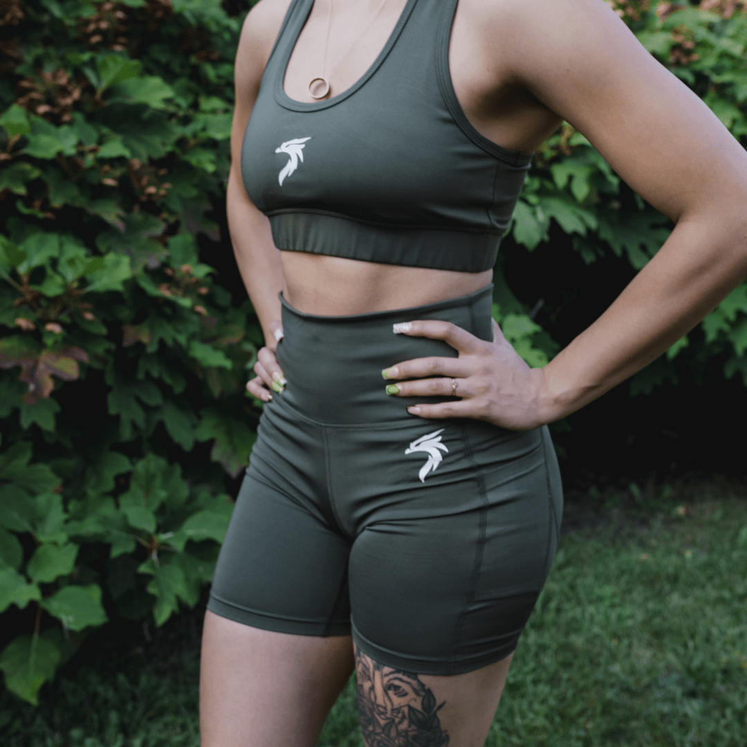 WOMEN'S GENESIS SPORTS BRA - ARMY GREEN - Riseabove Apparel Inc