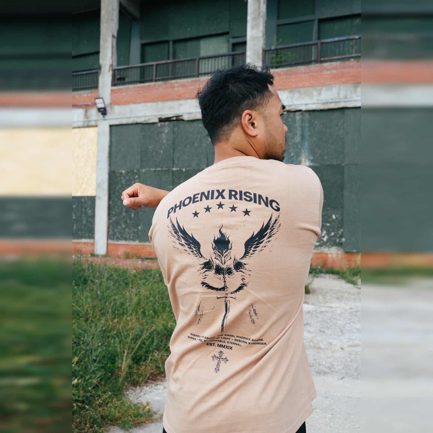 Men's Phoenix Rising Premium T-Shirt in Desert Sand, lifestyle photo, back