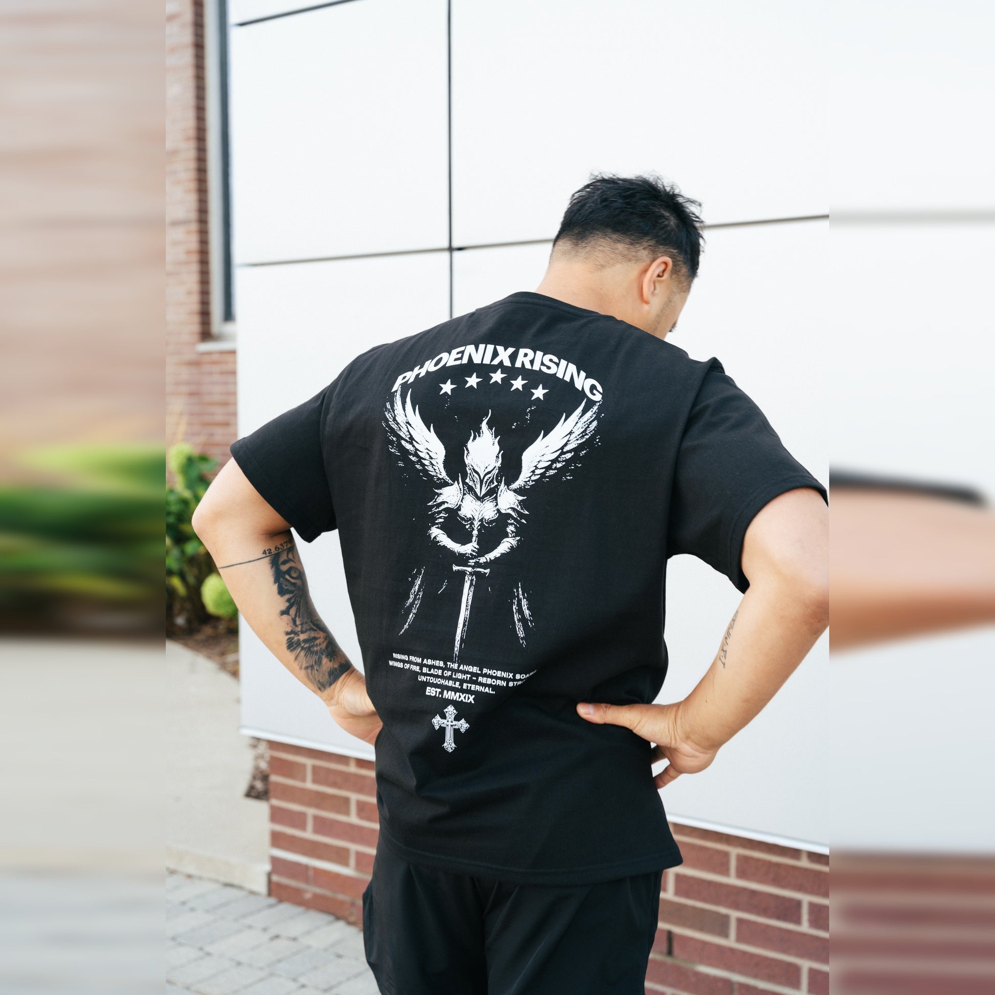 Men's Phoenix Rising Premium T-Shirt in Phantom Black, back detail view