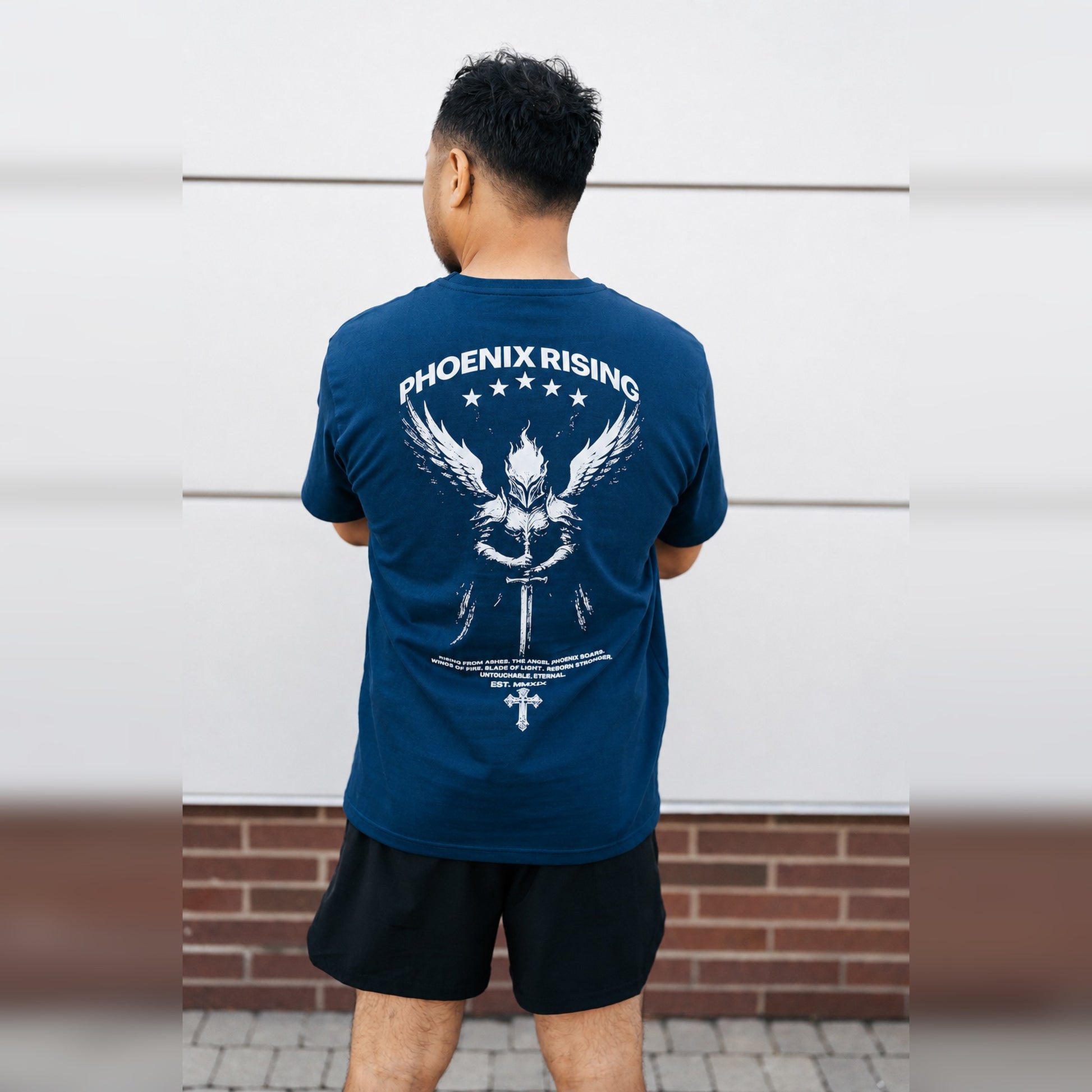 Men's Phoenix Rising Premium T-Shirt in Storm Blue, back view
