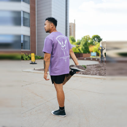 Men's Phoenix Rising Premium T-Shirt in Vintage Purple, lifestyle photo, back, alternate angle