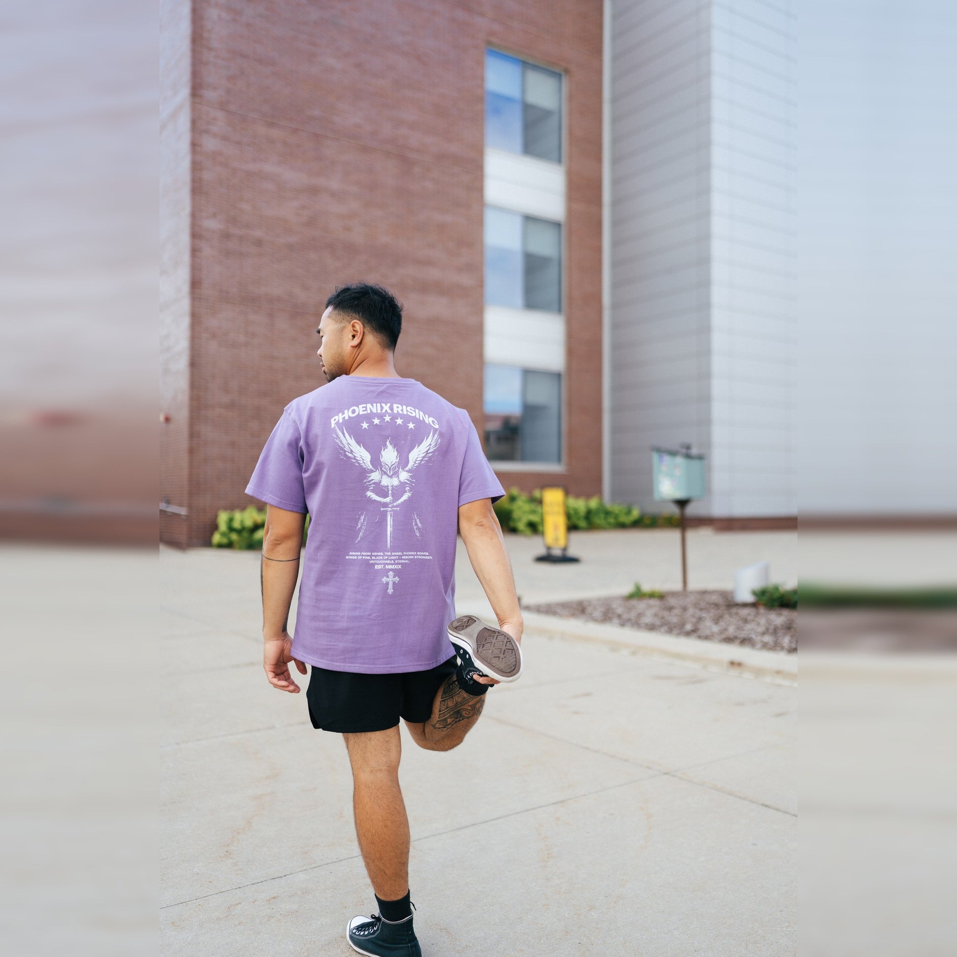 Men's Phoenix Rising Premium T-Shirt in Vintage Purple, lifestyle photo, back