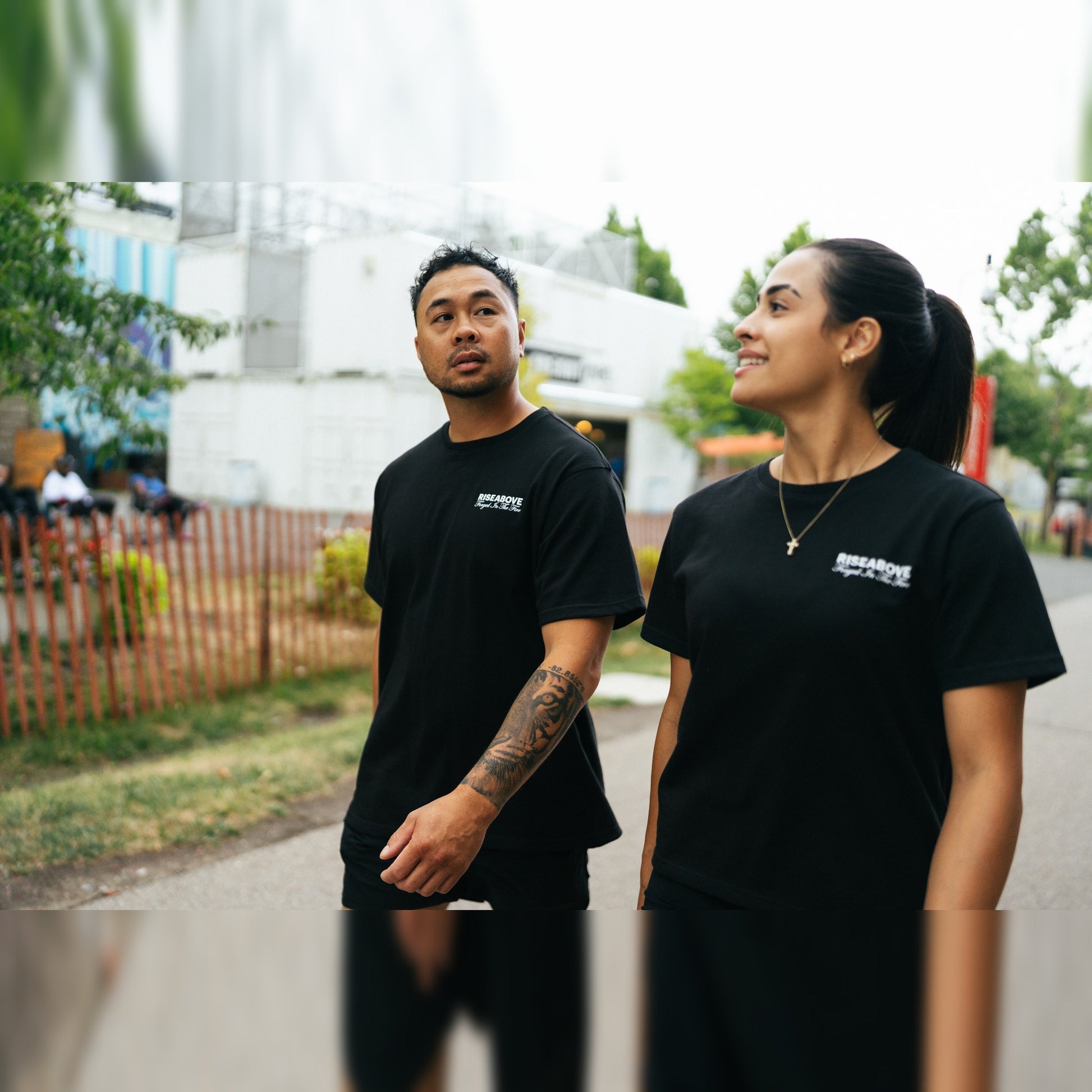 Phoenix Rising Premium T-Shirt in Phantom Black, lifestyle photo, matching set, front