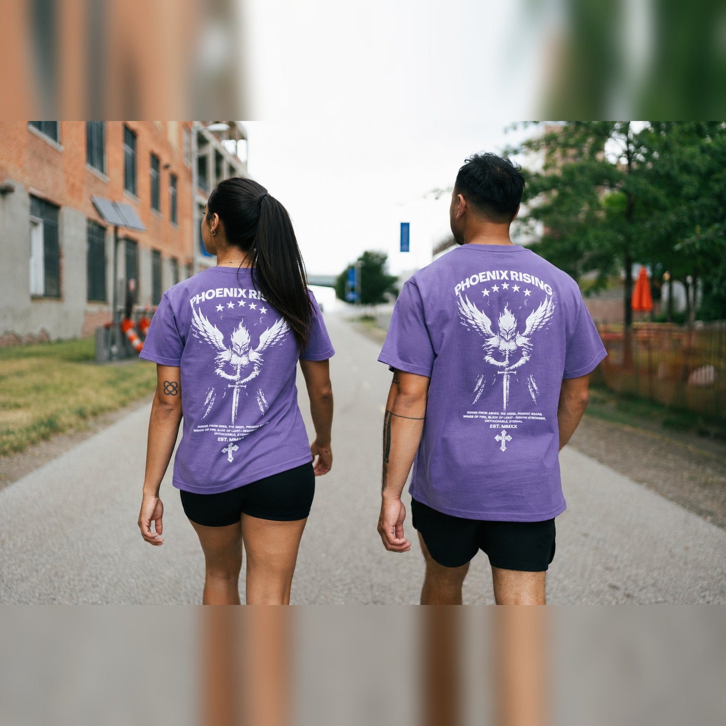 Phoenix Rising Premium T-Shirt in Vintage Purple, lifestyle photo, matching set