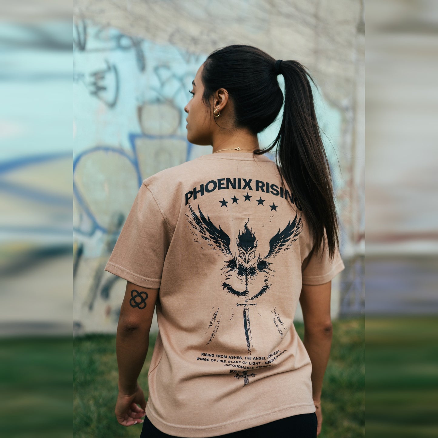 Women's Phoenix Rising Premium T-Shirt in Desert Sand, back view