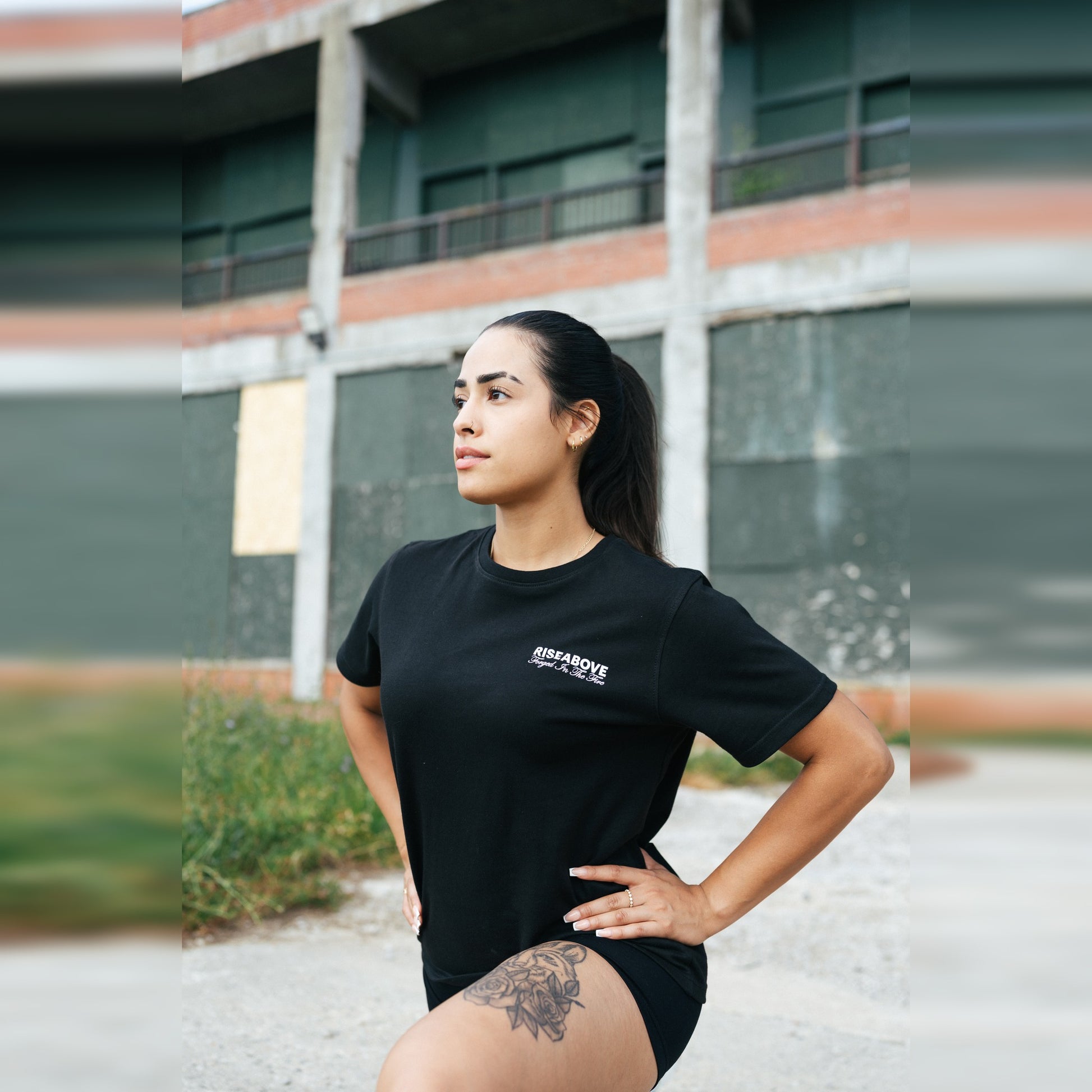 Women's Phoenix Rising Premium T-Shirt in Phantom Black, front detail view