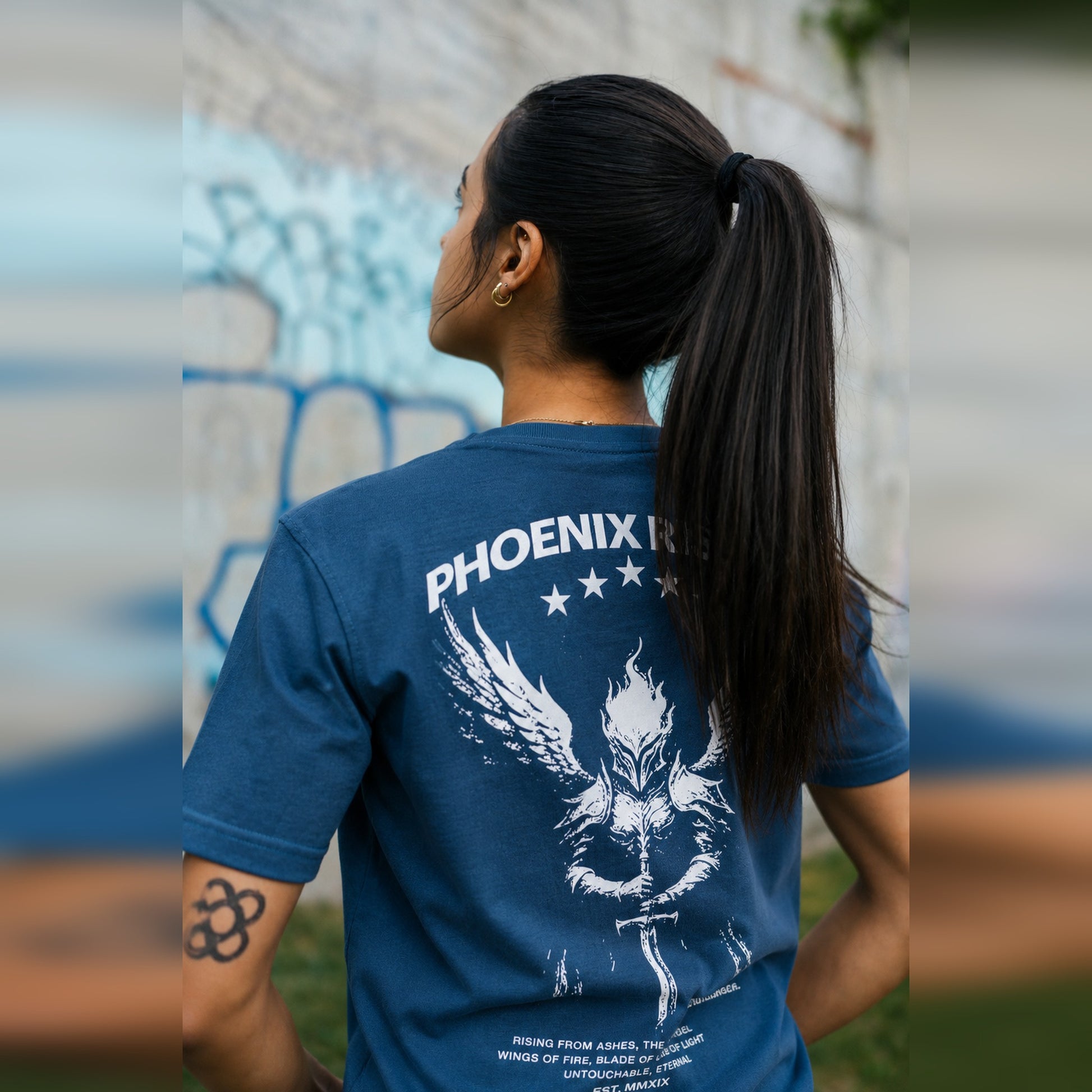 Women's Phoenix Rising Premium T-Shirt in Storm Blue, back detail view