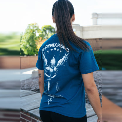 Women's Phoenix Rising Premium T-Shirt in Storm Blue, back view